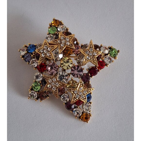 Lauren Spencer Multicolor Crystal Star Brooch – Gold-Tone, Brilliant Rhinestones - Picture 1 of 9